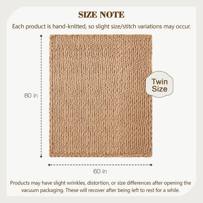 Carriediosa Chunky Knit Throw Blanket 60" X 80" Twin, 100% Hand Made Large Chenille Loop Yarn Soft Fluffy Throws for Couch Sofa Bed, Big Crochet Cozy Heavy Thick Cable Woven Blankets, Tan Brown