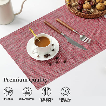 Leetaltree Red Placemats Set of 4 - Heat Resistant Non-Slip Place mats for Dining Table, Washable Durable PVC Vinyl Woven Table Mats（Red, 4）