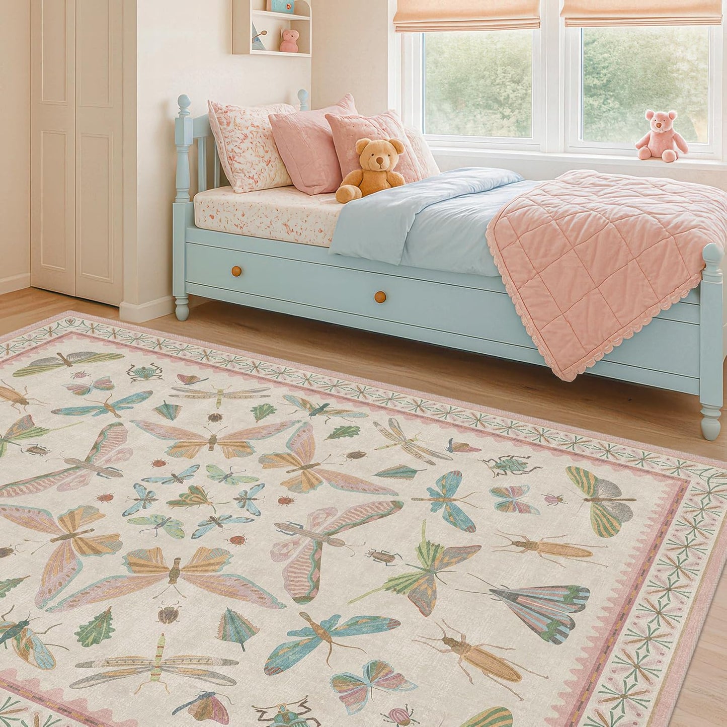 Light Pink Nursery Rug for Baby, Cute 5x7 Area Rugs for Girls Bedroom, Kids Room, Playroom, Whimsical Insect Butterfly Animal Print Decor, Washable & Ultra Soft & Stain Resistant