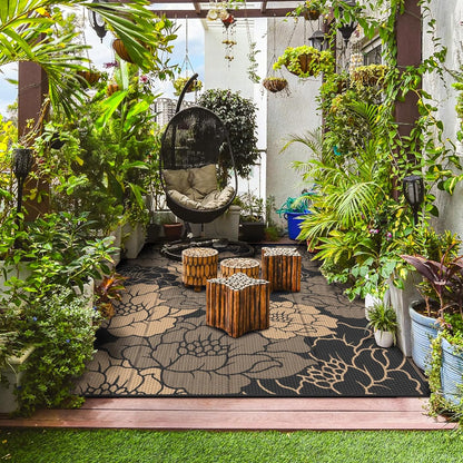 GENIMO Outdoor Rug Waterproof for Patio Decor, 8' x 10' Reversible Plastic Straw Floral Camping Carpet, Large Area Rugs Mats for RV, Camper, Deck, Balcony, Porch, Beach, Picnic, Mix-Black & Brown