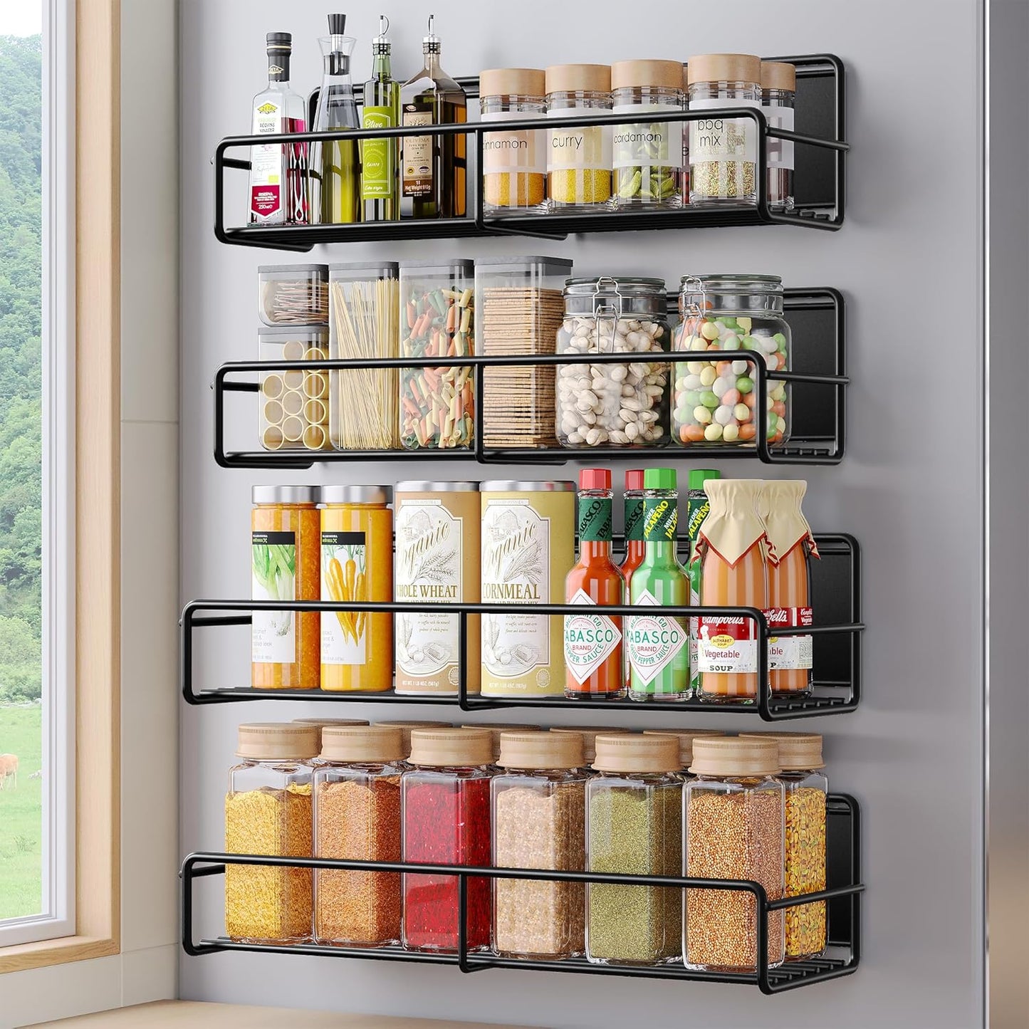 4 Pack Magnetic Spice Rack for Refrigerator, Magnetic Shelf Fridge Organizer for Kitchen Storage, Black
