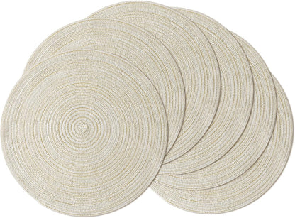 Leetaltree Round Placemats Heat and Slip Resistant Cotton Table Mats, Washable Bohemian Placemats for Dining Tables (White Beige, Set of 6)