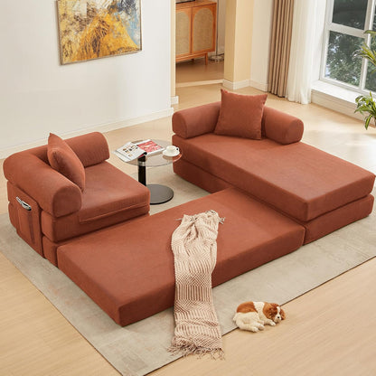107" Oversized Convertible Sleeper Sofa Bed, Corduroy L Shape Sectional Couch, Folding Sofa Bed with Side Pocket, Modern Cloud Floor Mattress Couch, Modular Sofa for Living Room, Orange