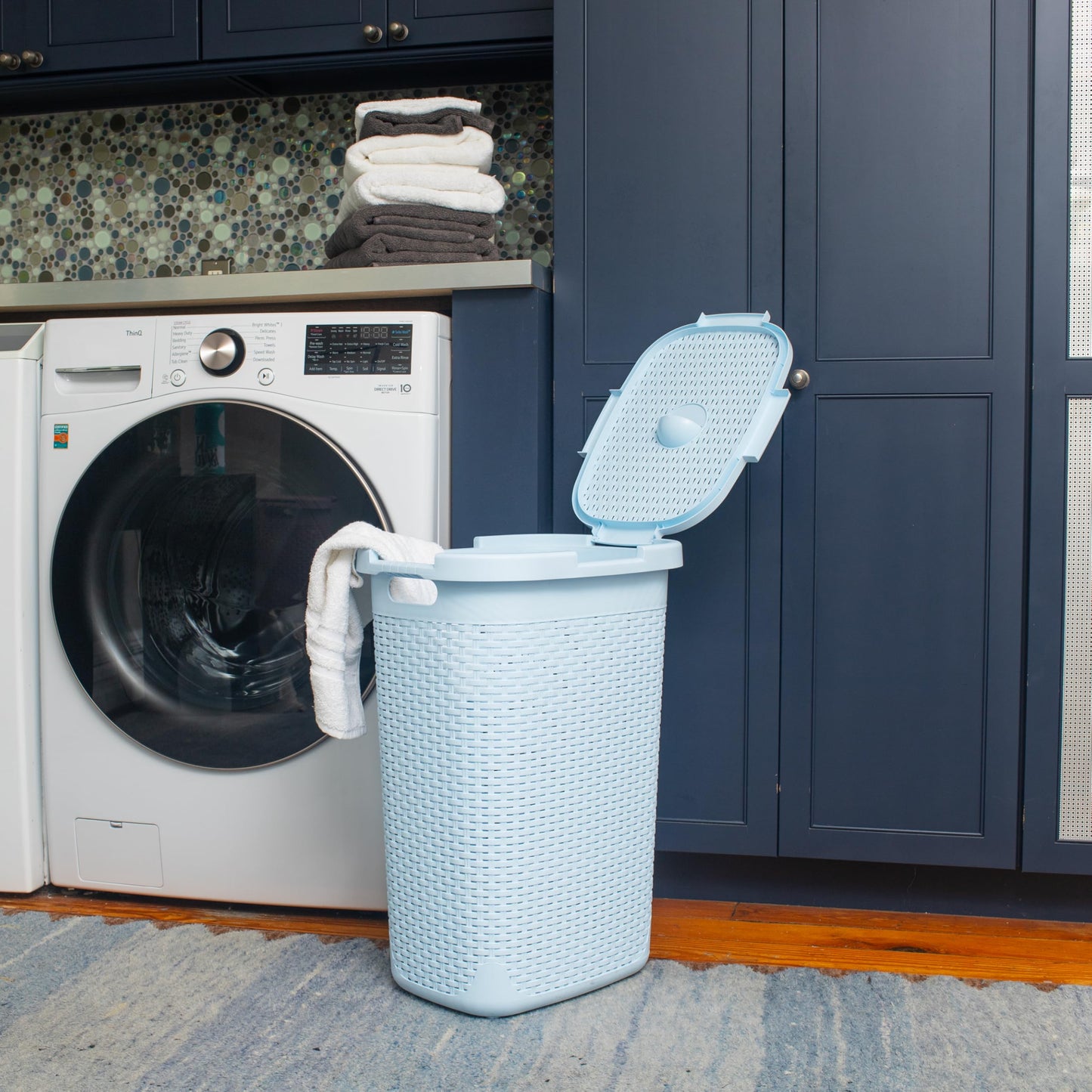 Mind Reader Slim Laundry Hamper with Lid, 60L Tall Clothes Basket, Narrow Tapered Design for
