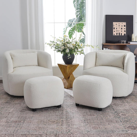 KINWELL 34" Wide 2 Boucle Swivel Barrel Chairs and 2 Ottomans Set, Fully Assembled Sherpa Accent