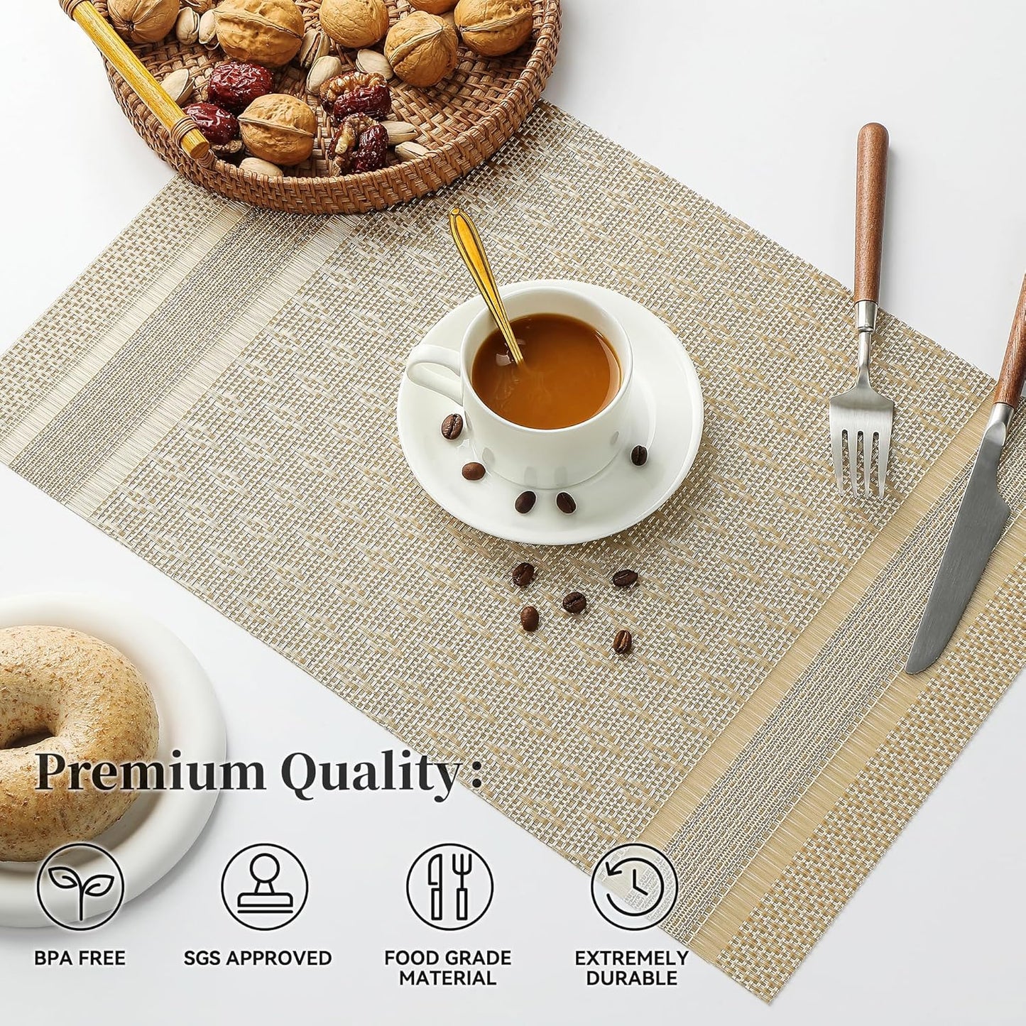 Leetaltree Stardust Yellow Placemats Set of 12 - Heat Resistant Non-Slip Place mats for Dining Table, Washable Durable PVC Vinyl Woven Table Mats（Stardust Yellow, 12）