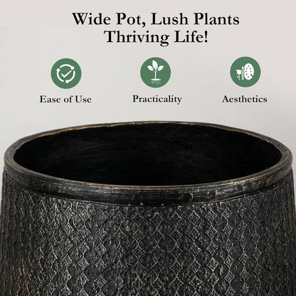 Worth Garden Large Round Planter – 14.5" Dia x 17.5" H Lightweight Magnesium Oxide Cement Plant Pot with Texture – Raised Pattern Concrete Look – Drainage Hole – Indoor & Outdoor Use - Black Gold