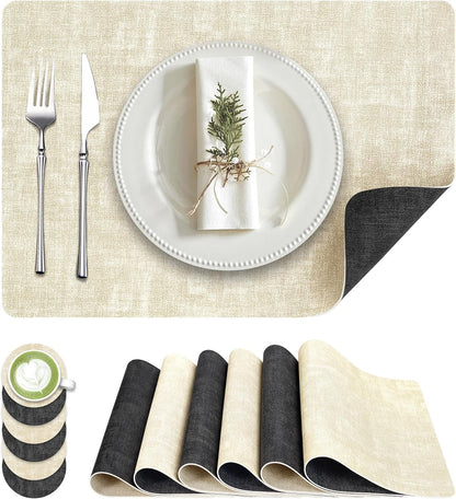 Faux Leather Dual Sided Placemats Set of 6, Square Non-Slip Heat Resistant Placemats with Coaster, Reversible Wipeable Waterproof Table Mats for Kitchen, Dining, Outdoor (6, Black Beige)