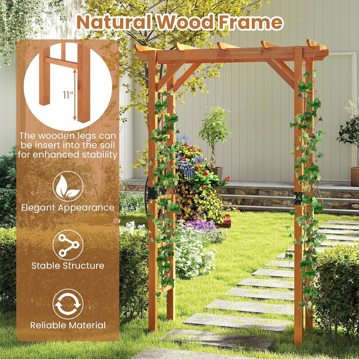Giantex 7FT Wood Garden Arbor Trellis, Wooden Wedding Arch for Ceremony Party, Outdoor Archway Pergola for Climbing Plants, Pathway, Yard, Garden Decor, Easy Assembly (Honey Brown, 55''W x 85''H)