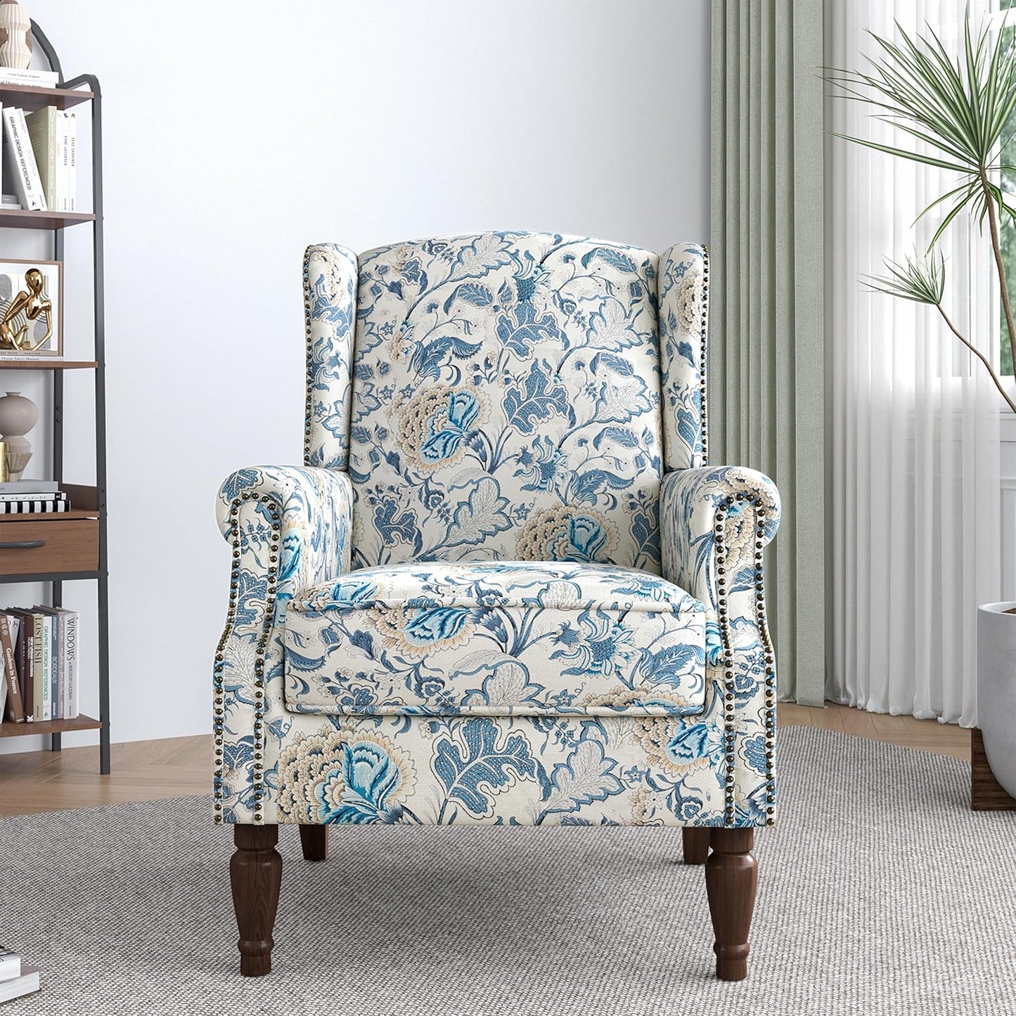 Lumibee High Back Accent Chair, Armchair in Fabric,Comfy Upholstered Wingback Single Sofa Reading Chair with Solid Wood Legs for Living Room,Bedroom,Office-Boho Blue