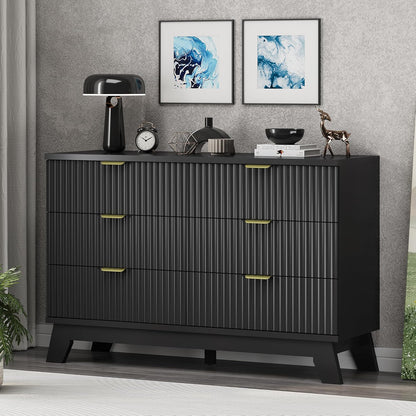 Fluted Dresser for Bedroom with 6 Drawers, 48" Wide Wooden Chest of Drawers with Metal Handle, Modern Dresser TV Stand, Wood Closet Clothes Storage Organizer for Living Room, Hallway, Black