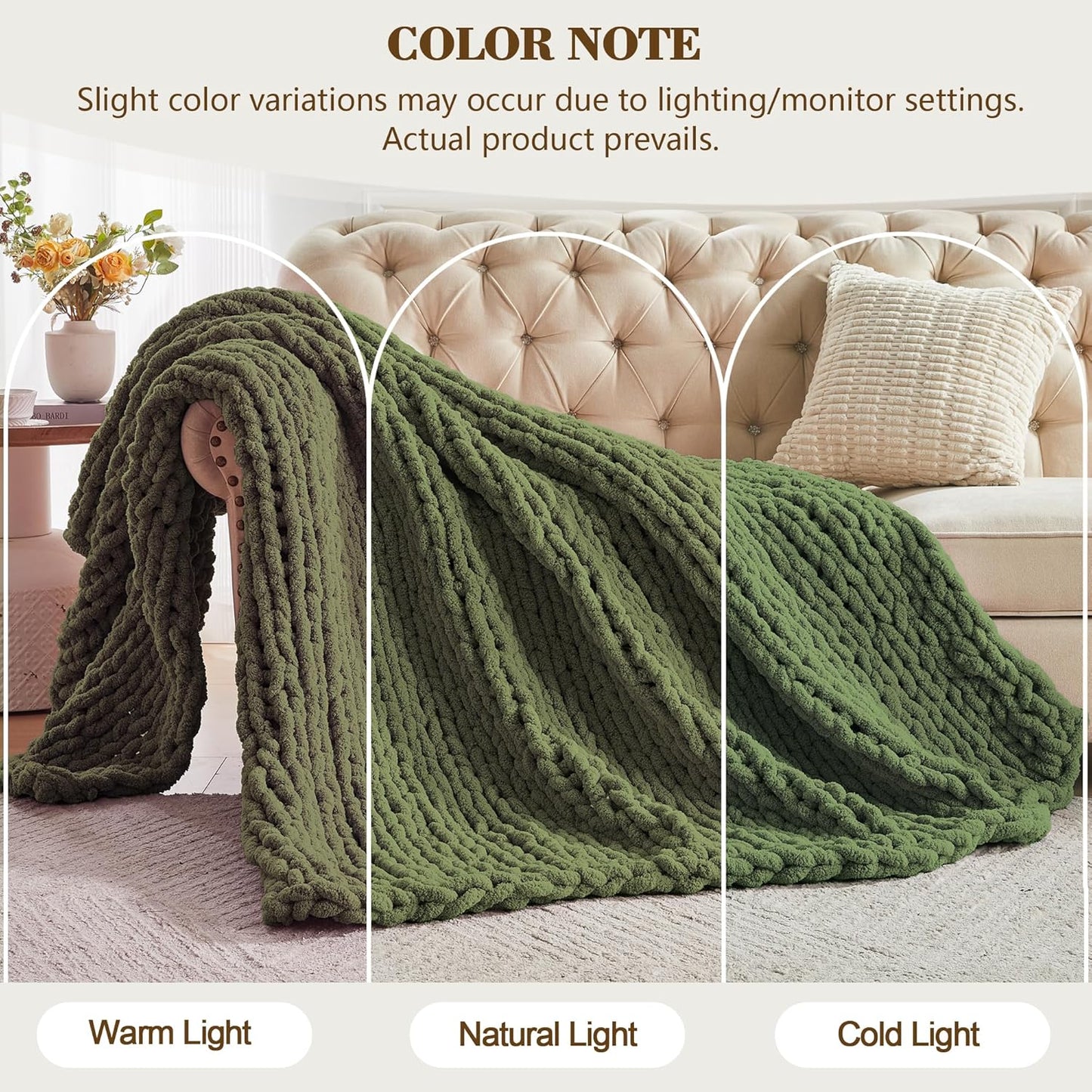 Carriediosa Chunky Knit Throw Blanket 50" X 60", 100% Hand Made Large Chenille Loop Yarn Soft Fluffy Throws for Couch Sofa Bed, Big Crochet Cozy Heavy Thick Cable Woven Blankets, Olive Green