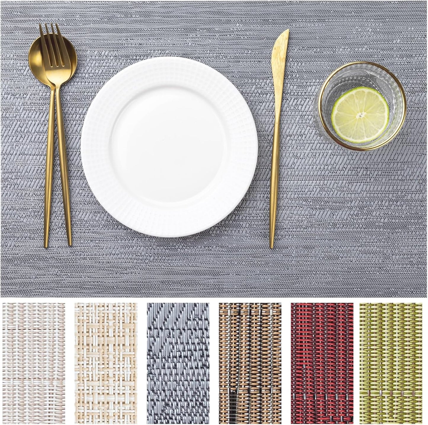LEXMORE Placemats Set of 4 Vinyl/Plastic Woven Place Mats for Kitchen Table Indoor/Outdoor Washable Placemat Wipeable Dining Table Mats(Ombre Gray)