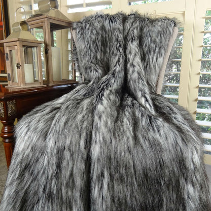 Exotic Siberian Husky Faux Faur Throw Blanket - Gray White Black Husky Fur - Gray Faux Fur Throw Blanket - Luxury Soft Faux Fur, Made in US, 16411