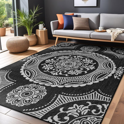 Medallion Outdoor Rug 5x7 Washable Outside Carpet for Indoor Patio Porch Waterproof Easy Cleaning Non Shedding Area Rugs Black 5 x 7