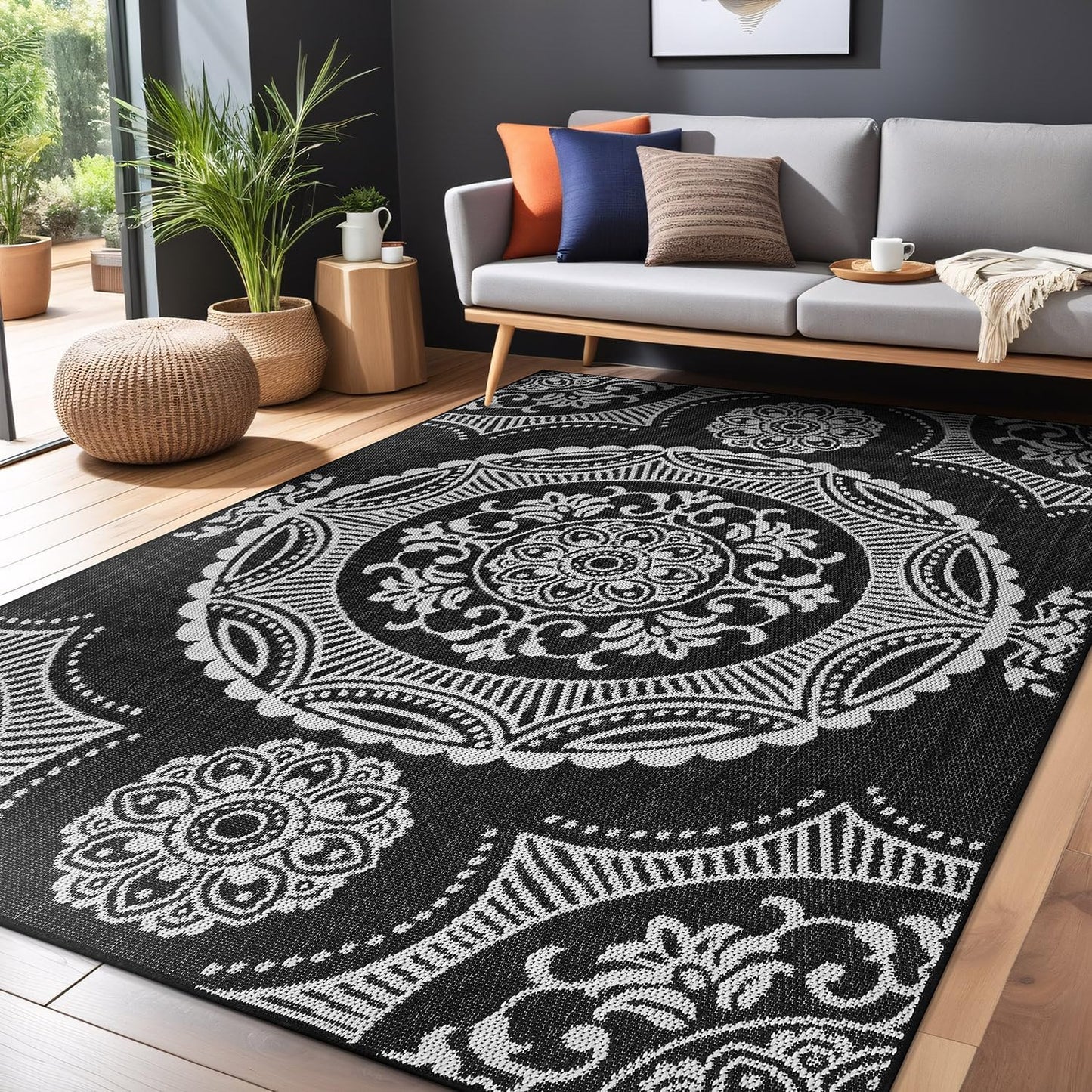 Medallion Outdoor Rug 6x9 Washable Outside Carpet for Indoor Patio Porch Waterproof Easy Cleaning Non Shedding Area Rugs Black 6 x 9