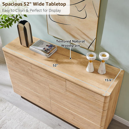 Modern 7 Drawer Dresser for Bedroom, 52" Wide Handleless Chest of Drawers, Large Push-to-Open Wood Storage w/Curved Profile, Dresser TV Stand for Bedroom, Living Room, Hallway, Natural Oak