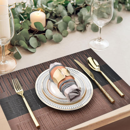 Placemats Set of 6 - Easy Clean Modern Durable Washable Vinyl Place Mats - Heat Resistant Placemats for Kitchen Table - PVC Table Mats for Dining Table (Brown Black, 6)