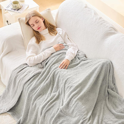 EMME Muslin and Fleece Queen Blanket Reversible - 80"*90" Grey Soft Warm Throw Blankets for Couch Bed Picnic Travel Bed