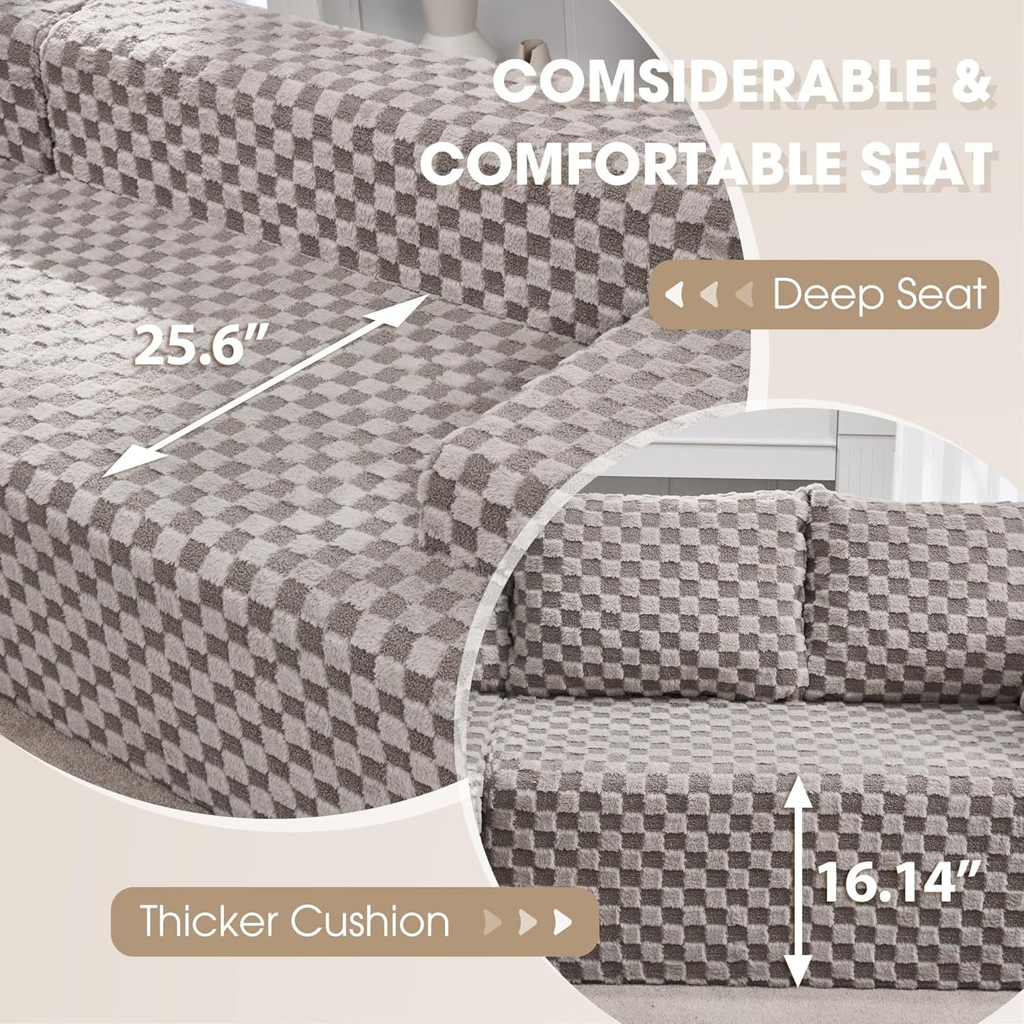 Hobestluk 96“ Modular Sectional Sofa Couches L-Shape Couch 3 Seat Modular Sofa Memory Foam Sectional Couches for Living Room, Cloud Couch with Oversized Chaise (Grey, Checked (Right Facing Chaise))