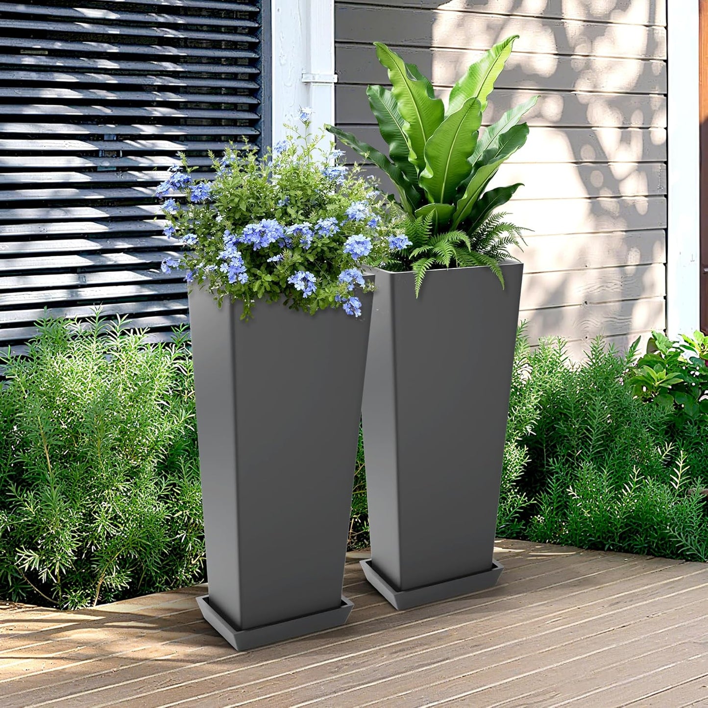 FENCY Set of 2 Tall Planters for Outdoor Plants, 24 Inch Large Tapered Pots with Drainage Trays, Weather-Resistant Plastic Plant Containers for Patio, Porch, Garden, Front Door Decor,Gray