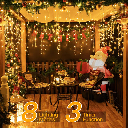 Ollny Icicle Lights Outdoor Warm White, 594LED 49FT Christmas Lights with Remote 8 Modes Dimmable, Waterproof Connectable Timer Hanging Lights for House Outside Yard Indoor Decorations