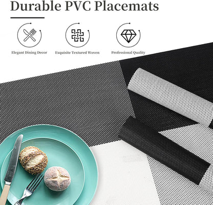 Vinyl Plastic Placemats Set of 6 Washable Heat Resistant Non-Slip Elegant Indoor Outdoor Kitchen Dining PVC Woven Table Place Mats (Black White Lattice Block)