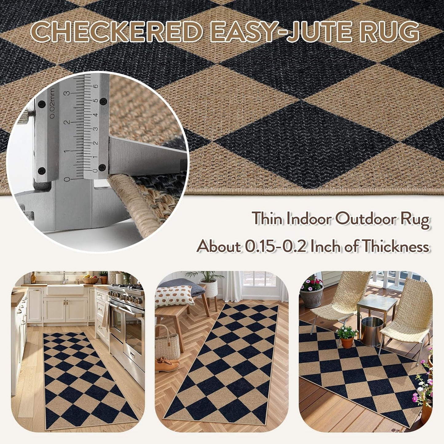 Lahome Checkered Easy Jute Runner Rug, 2x6 Kitchen Mats for Floor Washable Entryway Runner, Checkerboard Black Indoor Outdoor Carpet for Hallway 6ft Entry Laundry