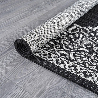 CAMILSON Outdoor Rug, 6x9 Medallion Black White Modern Area Rugs for Indoor and Outdoor Patios, Kitchen and Hallway Mats, Washable Porch Deck Outside Carpet (Medallion Black, 6 x 9)