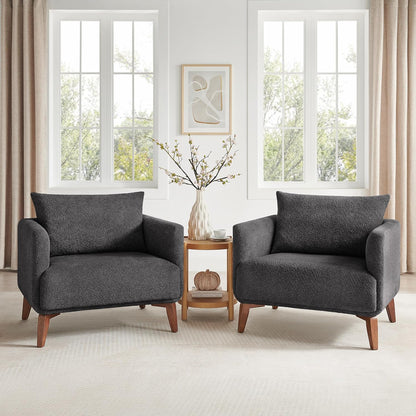 Oversized Accent Chair Modern Boucle Armchair for Living Room Sets of 2 - 37" Wide & Cozy Reading Chair with Solid Wood Legs, Dark Gray Upholstered Lounge Chair for Bedroom & Office (Easy Assembly)