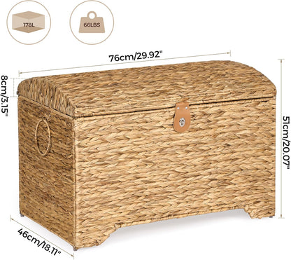 Handwoven Storage Basket with Lid, 178L Wicker Storage Bin, Natural Water Hyacinth, Leather Buckle & Metal Frame, Metal Ring Handles for Easy Transport, Storage Chest & Trunk for Bedroom, Living Room