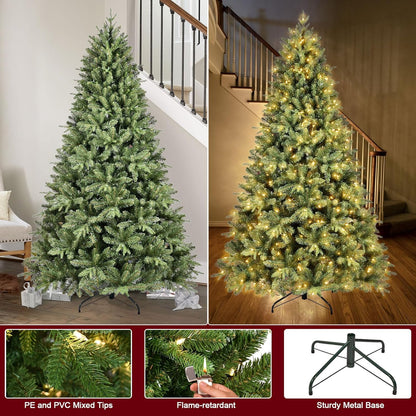 7FT Pre-Lit Artificial Christmas Tree with 2010 PE&PVC Mixed Branch Tips, 500 Warm White Lights, Hinged Premium Spruce Fake Xmas Trees, Green, Foldable Base