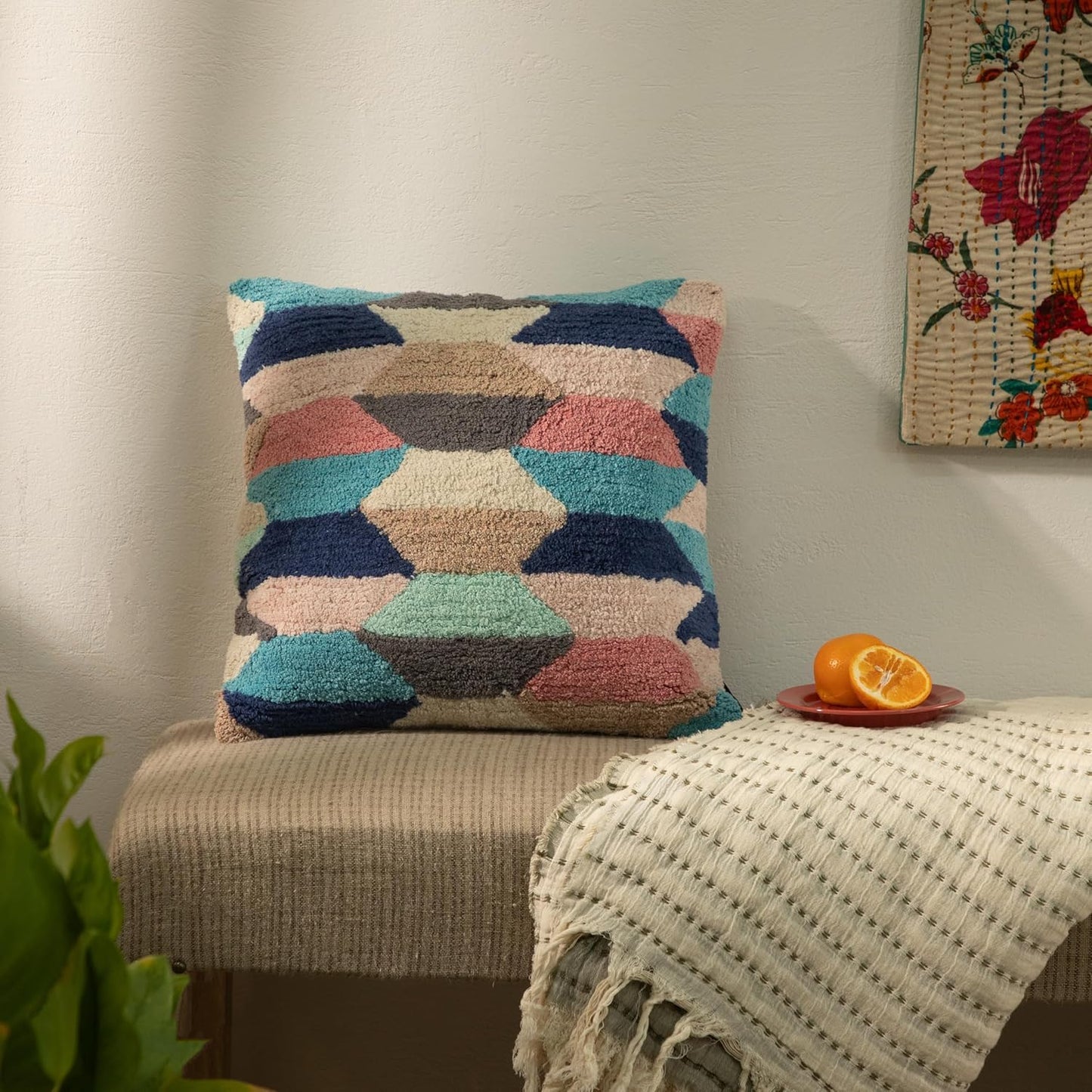 Tuffting Embroidery Decorative Throw Pillow Cover, 18 x 18 inches (Multi Geometrical)