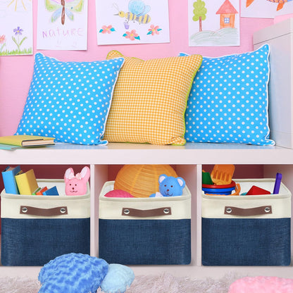 SIMPLE HOUSEWARE Large Fabric Storage Bin, 15" x 11" with Leather Like Handles, 3 Pack, Steel Blue