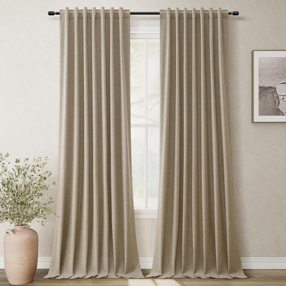 BOODII 108 Inch Black Out Curtains 2 Panels Set Back Tab Thermal Insulated Natural Linen Textured Blackout Curtains Noise Reducing Khaki Neutral Living Room Darkening Window Drapes Pleated 52x108