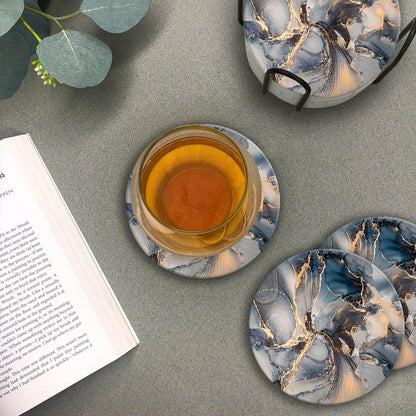 Emerson Coasters for Drinks Absorbent – Natural Stone Drink Coasters Set with Holder, Coasters for Coffee Table, Wooden Tabletop Protection Marble Style – 100% Heavy Duty Set of 6 (Atlas)