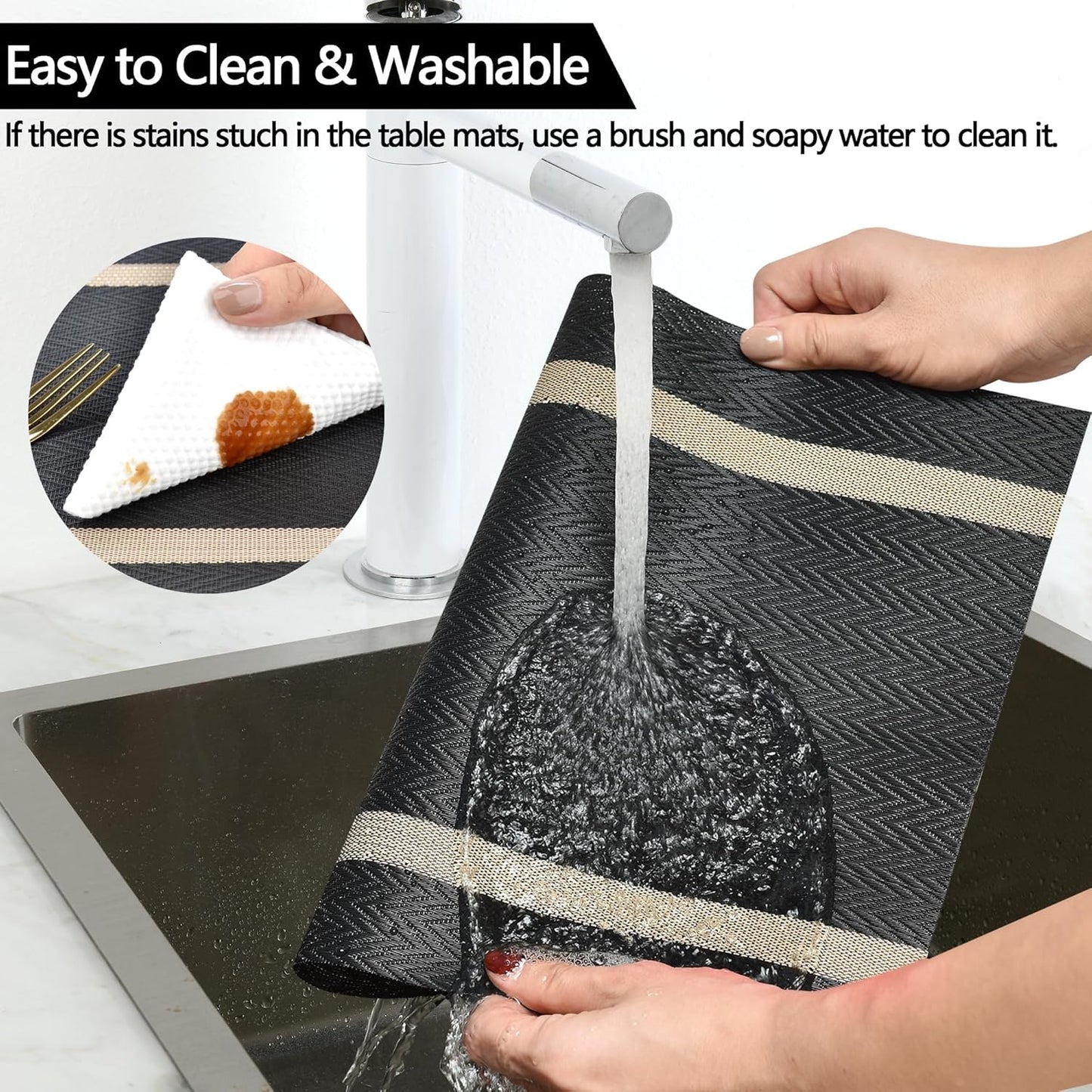 Black Placemats Set of 4 - Easy Clean Modern Durable Washable Vinyl Place Mats - Heat Resistant Placemats for Kitchen Table - PVC Table Mats for Dining Table (Black with Stripes, 4)