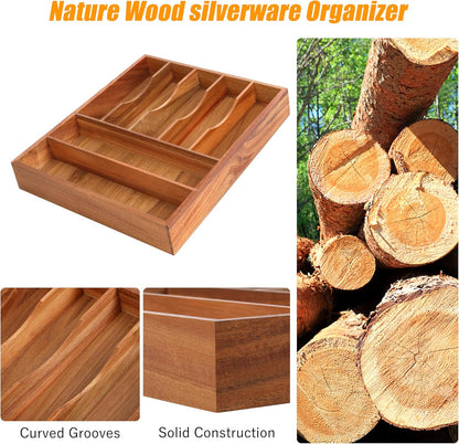 Bellsal Bamboo Silverware Organizer, 12"x15.7" Utensil Holder Cutlery Tray with Grooved Drawer Dividers for Kitchen Flatware, Bedroom, Office (7 Slot, Acacia)