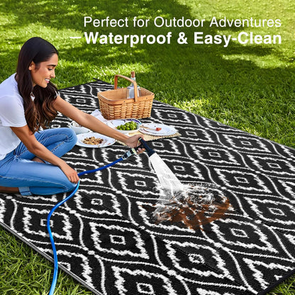 OLANLY Outdoor Rug 8x10 ft Waterproof, Outdoor Plastic Straw Rug with Geometric Pattern Clearance, Reversible RV Mat for Patio, Camping, Balcony, Deck, Backyard, Black & White