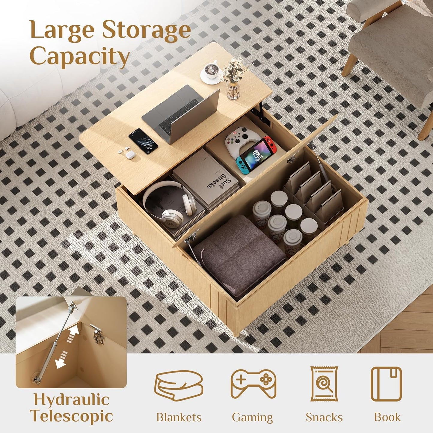 Lift Top Coffee Table with Storage,36" Large Square Coffee Tables for Living Room,Mid Century Modern Center Table for Home Office, Oak