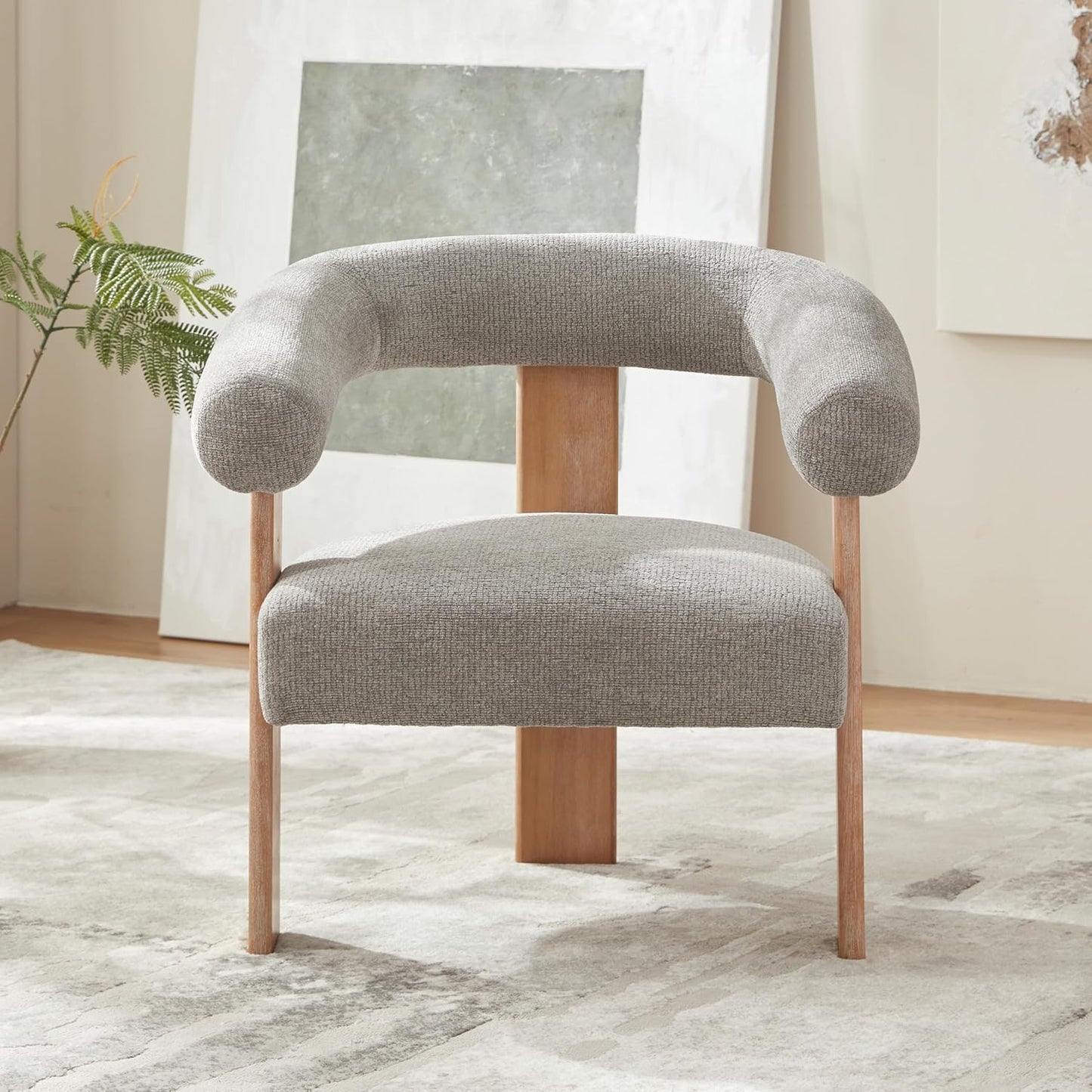 VKNOW Accent Chair Living Room Chair, Modern Upholstered Armchair with Solid Wood Legs, Comfy Barrel Arm Chairs for Living Room Bedroom, Light Grey
