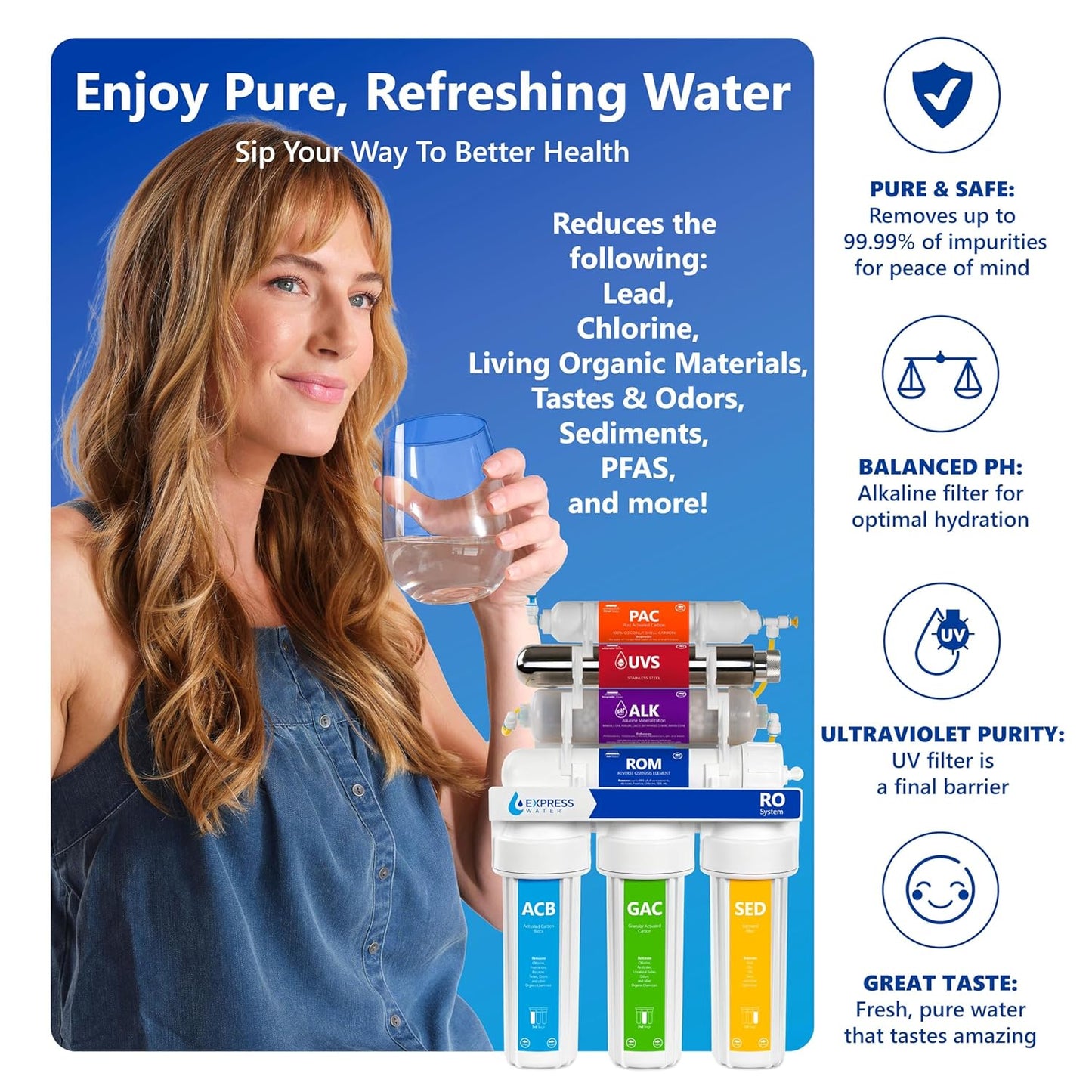 Express Water Reverse Osmosis Alkaline Ultraviolet Water Filtration System – 100 GPD (Deluxe Chrome Faucet)