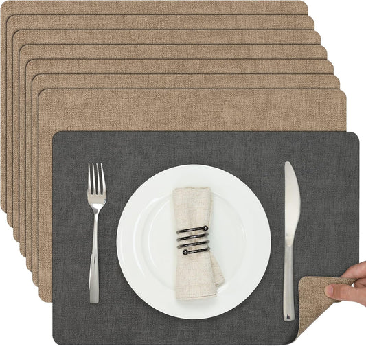 Myir JUN Placemats Dual Sided, Faux Leather Place Mats Set of 8 Indoor Placemat for Dining Table Non-Slip Washable Place Mat Heat Resistant Outdoor Table Mats (Set of 8, Gray Beige)