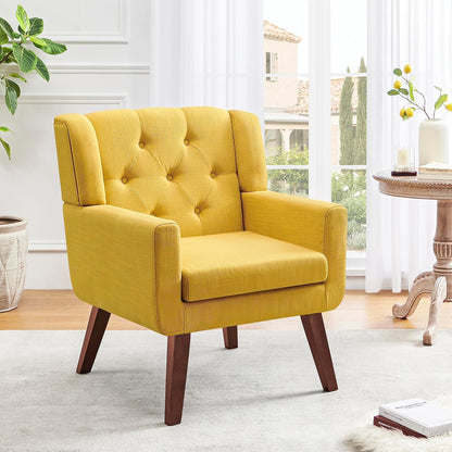 Accent Chair Button-Tufted Upholstered Living Room Chairs Comfy Reading Chair Mid Century Modern Chair with Linen Fabric Lounge Arm Chairs for Living Room Bedroom (Bright Yellow)
