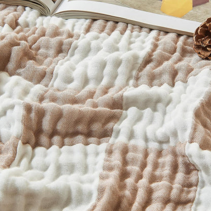 EMME Checkered Throw Blanket Cooling Cotton Blanket for Couch Soft Muslin Blankets 50"x60" Lightweight Breathable Cooling Soft All Season Gauze, Light Tan