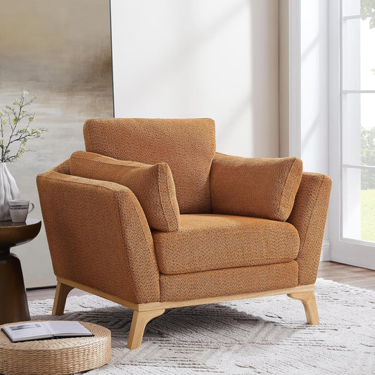Large-Sized Accent Chair, Thick Cushion Bedroom Reading Chair, Comfortable Living Room Single Sofa， Boucle Curry