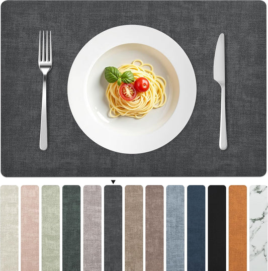 FROMHEART Faux Leather Placemats Set of 8–Waterproof,Heat/Oil Stain-Resistant PU Table Mat–Reversible,Non-Slip,Easy to Clean Place Mats for Kitchen,Dining,Indoor/Outdoor,(Dark Grey,11.8" x 17")