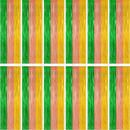 12 Pack Hawaiian Party Decorations, 3.28 FT x 7.05 FT Luau Party Decorations, Green Brown Yellow Luau Backdrop Fringe Curtains Foil Streamer, Metallic Summer Decor Luau Party Supplies