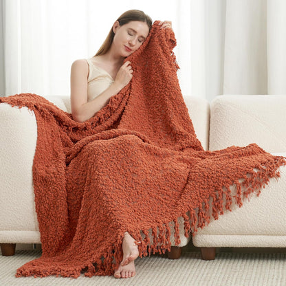 Amélie Home Knit Throw Blanket with Tassels for Couch, Luxury Boho Throw Blanket for Summer Orange, 50"x60"