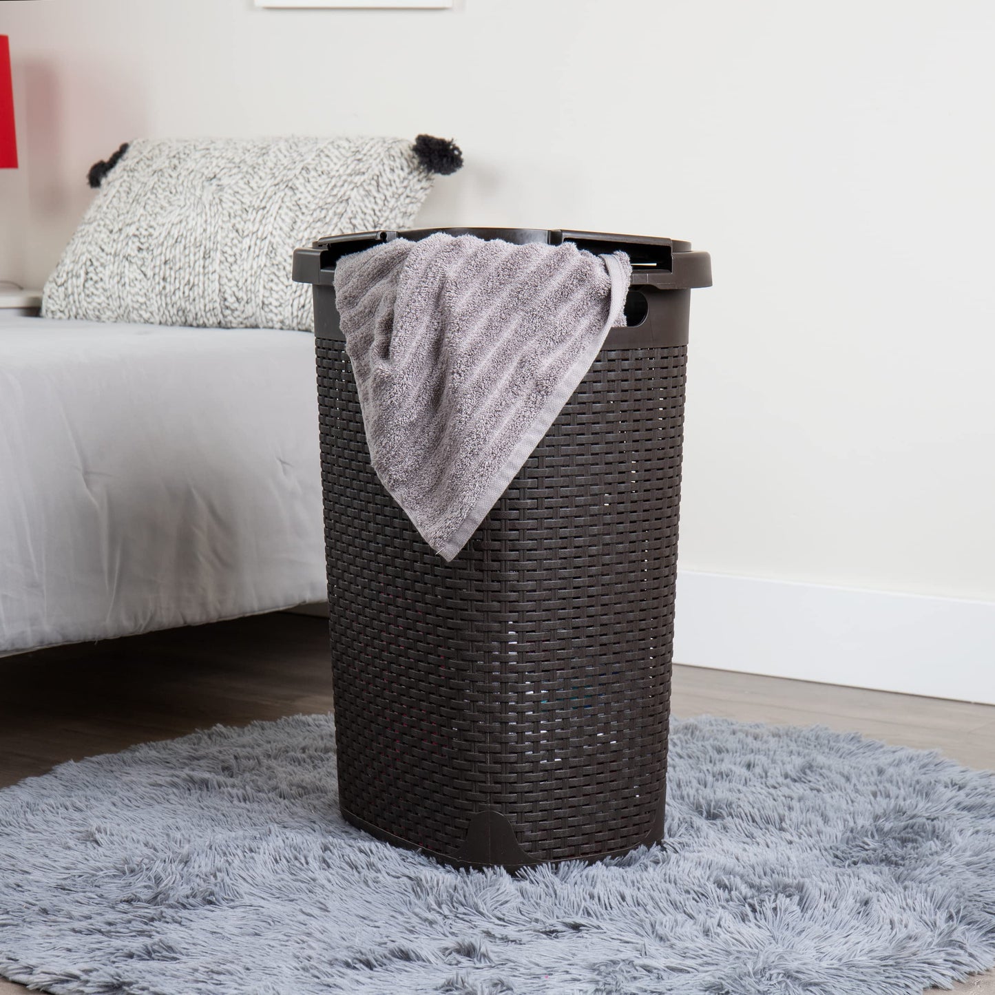 Mind Reader Slim Laundry Hamper with Lid, 60L Tall Clothes Basket, Narrow Tapered Design for